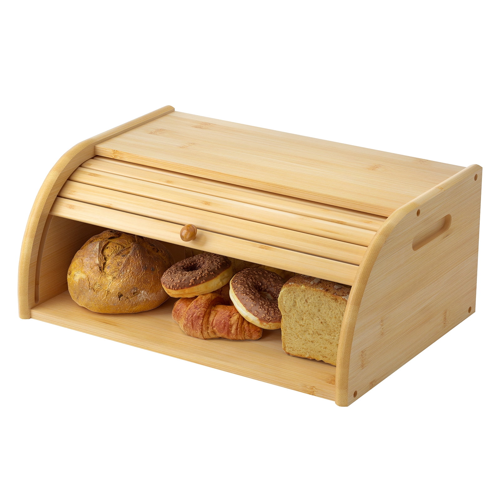 Bread Bin Wooden Bamboo Roll Top Lid Kitchen Food Storage Box Loaf