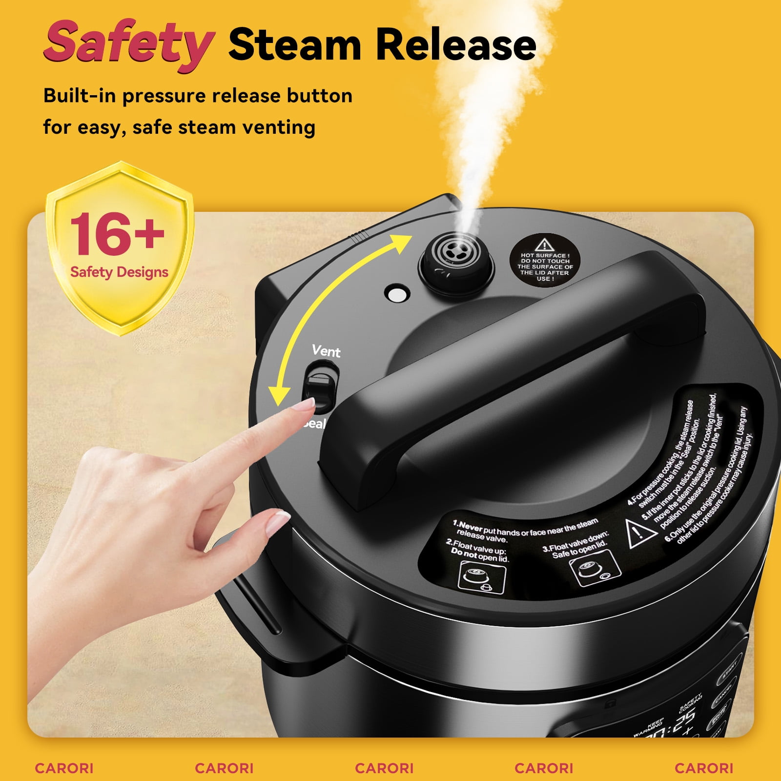 CARORI 9-in-1 Electric Pressure Cooker 6 Quart Black, Stainless Steel Pot, 12 Preset Functions with Touchscreen, Safe Steam Release, Stew, Slow Cook, Rice, Sauté, Warmer
