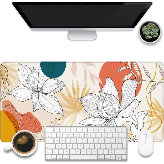 Desk Mat, Floral Line Art Desk Pad, Flower and Botanical Large Gaming Mouse Pad for Desk, 31.5"x15.7" Extended Big Computer Keyboard Mouse Pad with Non-Slip Base and Stitched Edge
