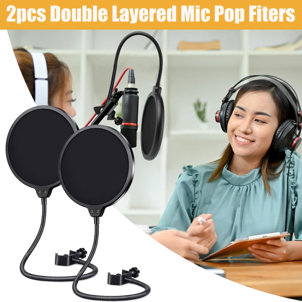 [Microphone Pop Filter] 2-Pack Double Layer Microphone Pop Filter | Windscreen | Flexible 360° Gooseneck Stable Bracket