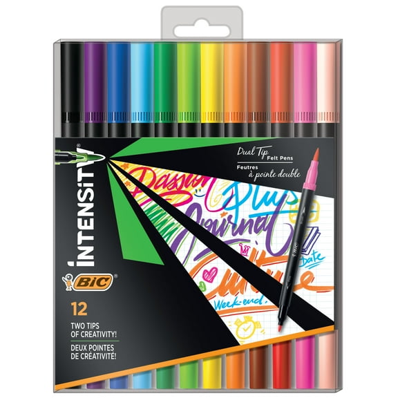 BIC Intensity 2-in-1 Dual Tip Fineliner Pens, Fine Tip and Flexible Brush, Assorted Colors, 12 Count