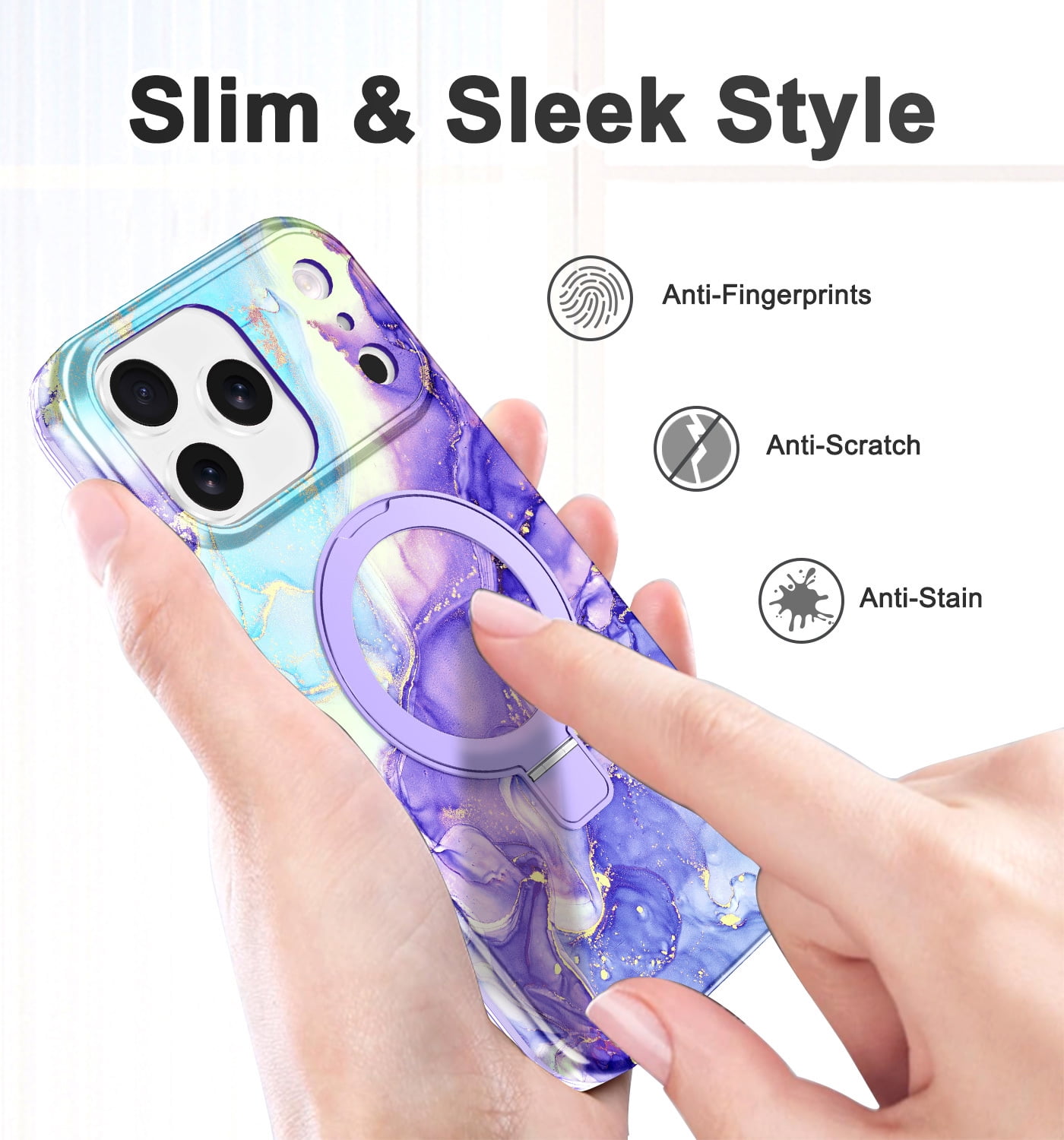 CASEFIV for iPhone 17 Pro Case with Magnetic Invisible Ring Stand [Compatible with Mag-Safe],Full Body Rugged Slim Shockproof Marble Pattern Design Casefor Women Men Girls,Violet