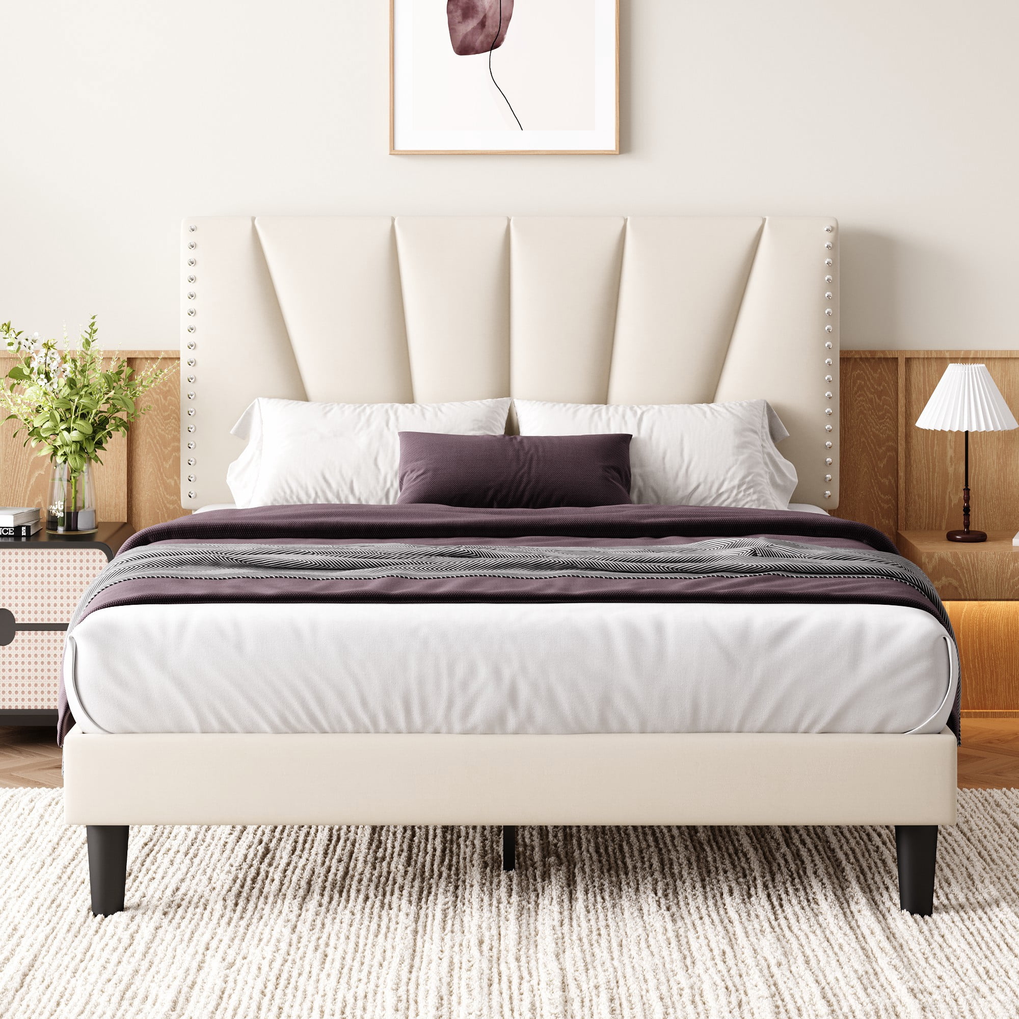 Einfach Queen Size Premium Velvet Upholstered Platform Bed Frame with Adjustable Headboard,Under-Bed Storage,Heavy-Duty Metal Support, Noise-Free Slats, Cream