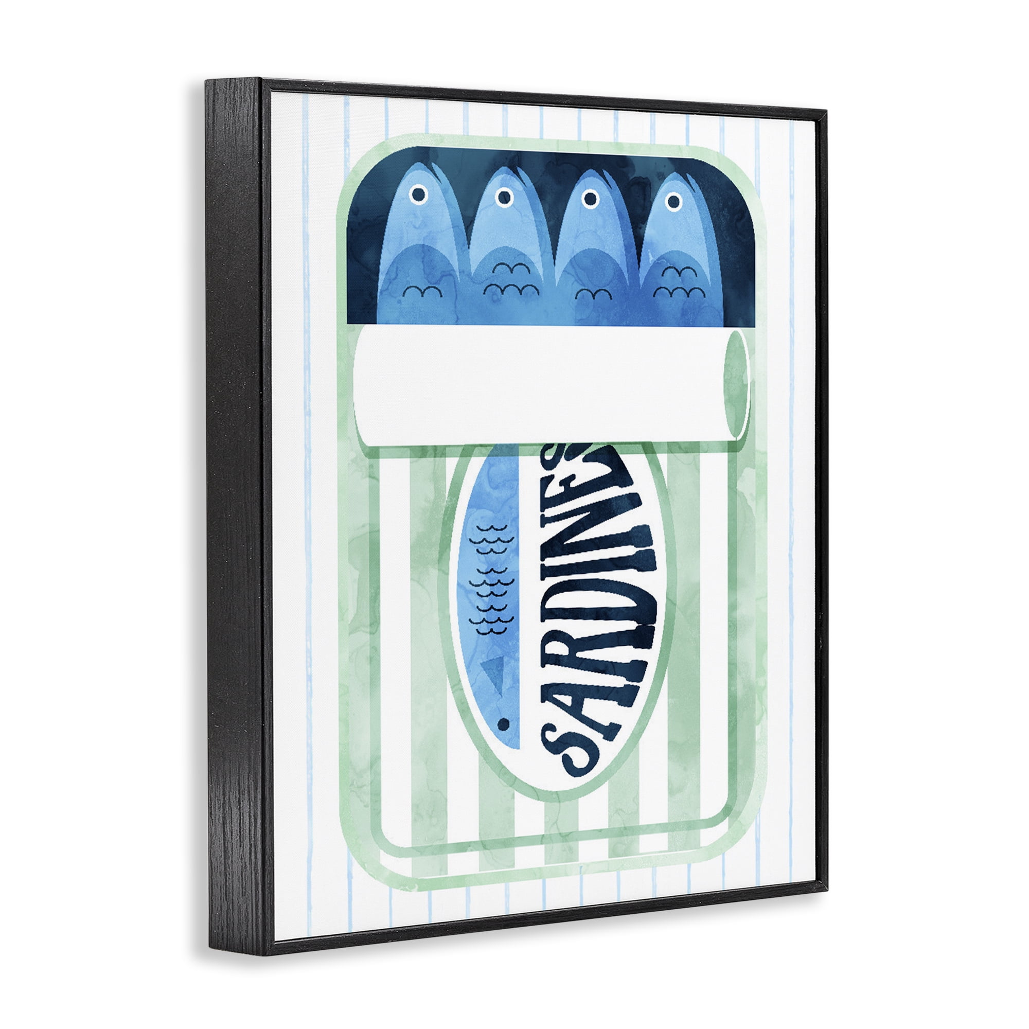 Seafoam Sardine Tin over Stripes Black Framed Giclee Art, design by Daphne Polselli