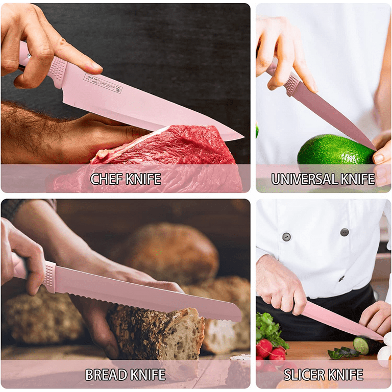 Kitchen Knife Set, Retrosohoo 9-Pieces Pink Sharp Non-Stick Coated Chef  Knive