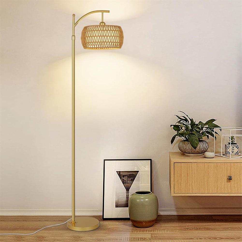 Yesfashion Rattan Floor Lamps For Living Room, Tall Standing Light With Remote Control, 3 Color Temperatures, ON/Off Foot Switch, Rattan & Fabric Shades For Office Bedroom
