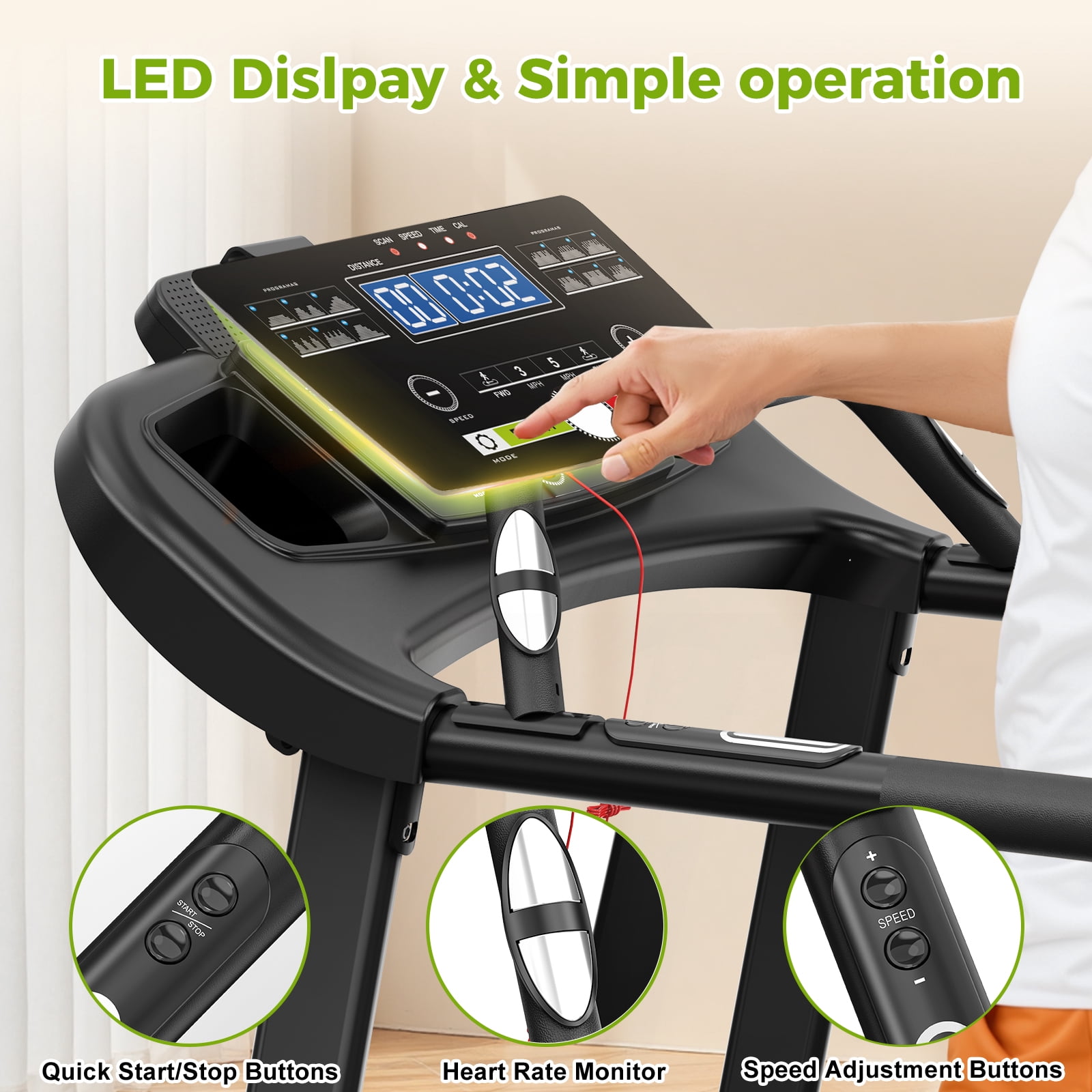 Walking Pad Treadmill for Senior, Foldable Exercise Treadmill with Stable and Safe Structural Design, Large LED Display for Elderly, Long Handrail for Balance, 300 Lbs Capacity