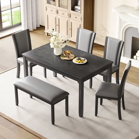 Dining Table Set for 6 | Ideal for Kitchen and Dining Room Decor | Rubber Wood Frame and Legs | Comfortable Upholstered Seating