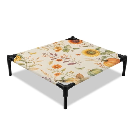 Thanksgiving Fall Elevated Dog Bed Rustic Orange Green Pumpkin Sunflower Leaf Cooling Breathable Outdoor Raised Dog Cot Bed with Metal Frame Non-Slip Feet for Small Dog 20x20in