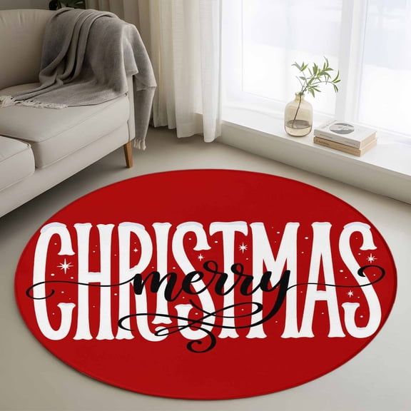 Merry Christmas Round Area Rug 3.3Ft Washable Circle Rugs for Dining Room Table, Winter Xmas Red Modern Art Non-Slip Carpet Floor Mats Indoor Outdoor Carpet Runner Aesthetic Home Decor