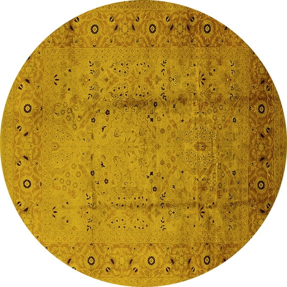Ahgly Company Machine Washable Indoor Round Oriental Yellow Industrial Area Rugs, 6' Round