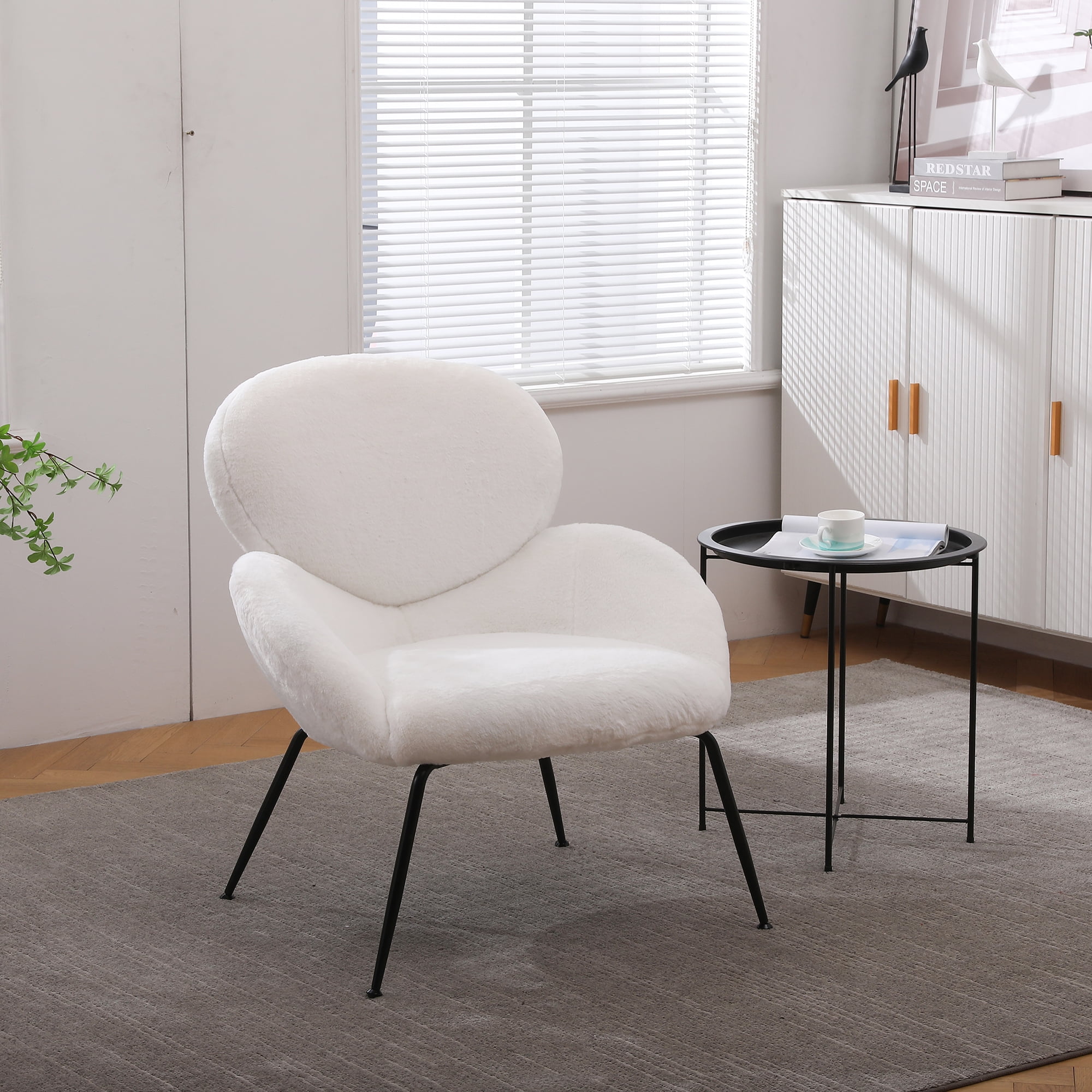 Kadyn Modern Sherpa Armchair with Black Metal Legs, Comfy and Soft Chairs for Bedroom, White