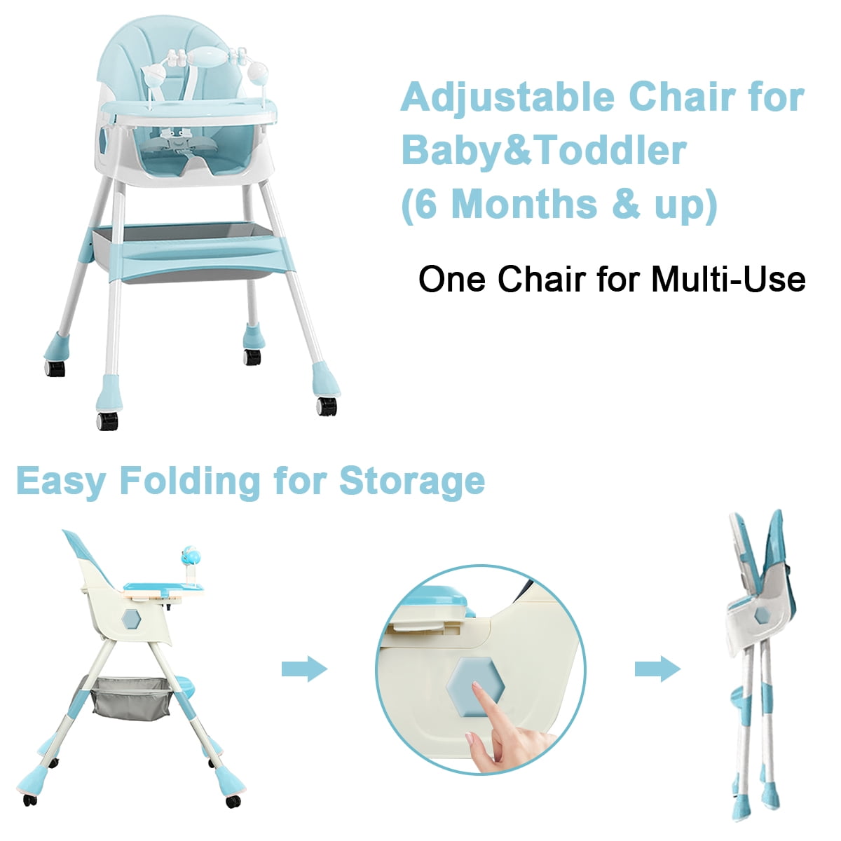 Liyufly 4-in-1 Baby Highchair Adjustable Kid Toddler Dining Chairs Eat & Grow Convertible Chair with 5-Point Harness, Dinner Plate, Light Blue