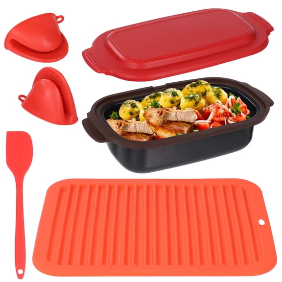 Microwave Grill Pan, Silicone Baking Pan for Microwave, Multi-Use Microwave Cookware Set with Anti-Scalding Mat, Spatula, and Clips, 9.3 x 4.7 x 3.1 in, Red