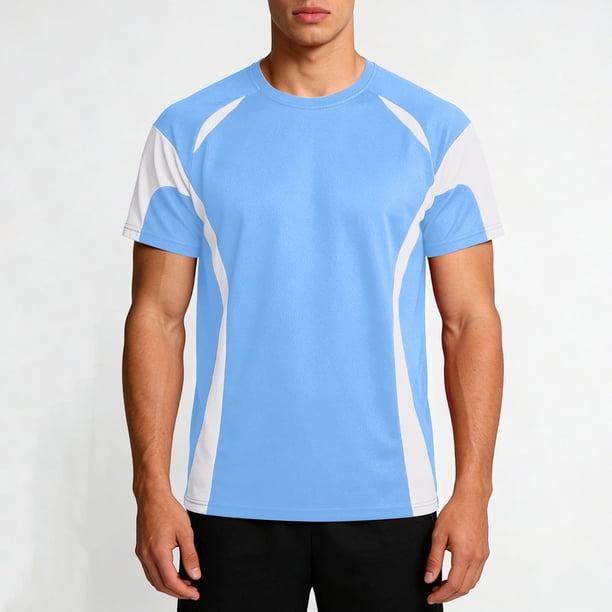 Ceisia Men's Athletic Short Sleeve T-shirt Color Block Round Neck Fitness Basketball Training Sport Tee Tops Sky Blue L Gifts