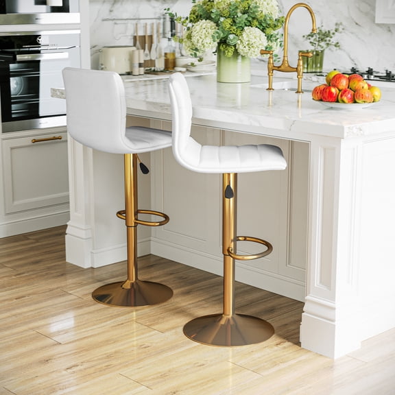 BizChair Modern White Vinyl Adjustable Bar Stool with Back, Counter Height Swivel Stool with Gold Pedestal Base, Set of 2