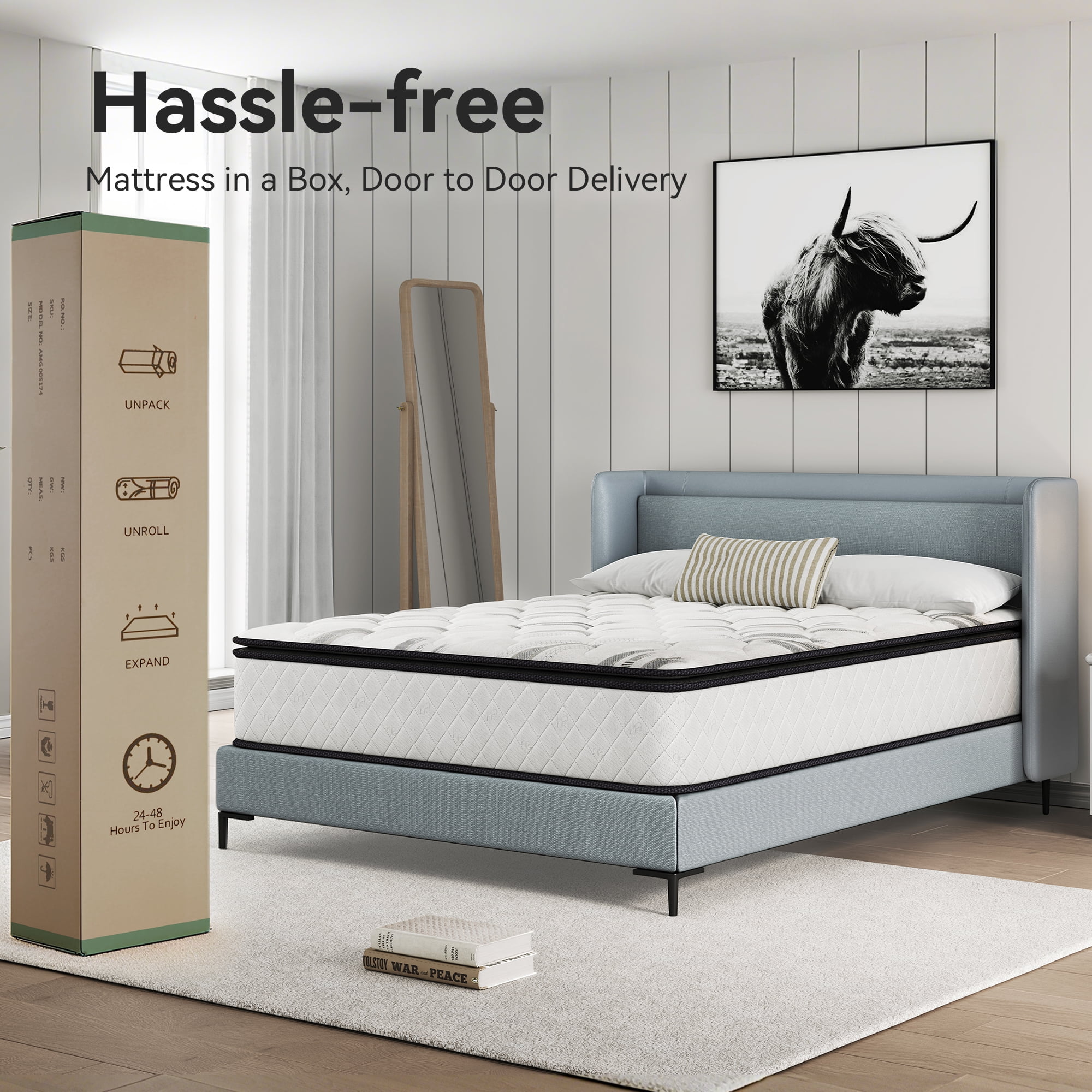 Sailvan Full Size Mattress 14 inch, Queen Mattress in a Box, Hybrid Mattress Full, Full Bed Mattress With Memory Foam & Pocket Spring, Medium Firmness, CertiPUR-US, White& Black