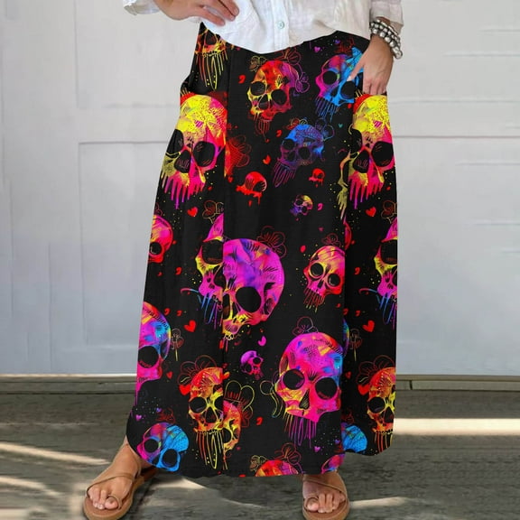 WFJCJPAF 2024 New Halloween Clearance! Skirt for Women Plus Size Max,Women's Printed Elastic Waistband Pleated Pocket Skirt With Mid Calf Skirt - Blue XL
