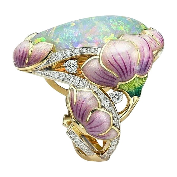 Elneeya Clearance Rings for Women Solid Gold Floral Lavender Fuchsia Lotus Enamel Oval Cut Fire Opal Band Rings