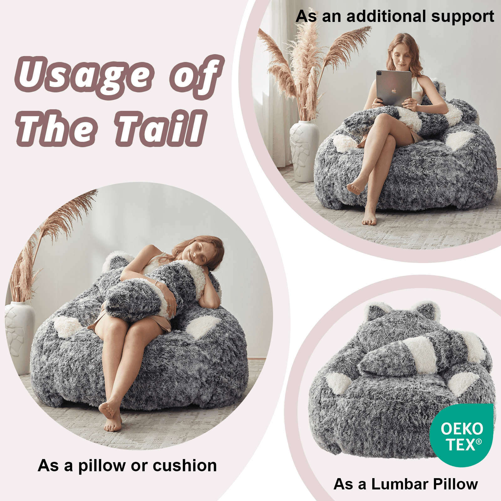 Ebenchico 3.7ft Raccoon Shaped Bean Bag Chair for Adults Teens Kids, Large Beanbag Chairs for Reading Gaming Relaxing(Black)