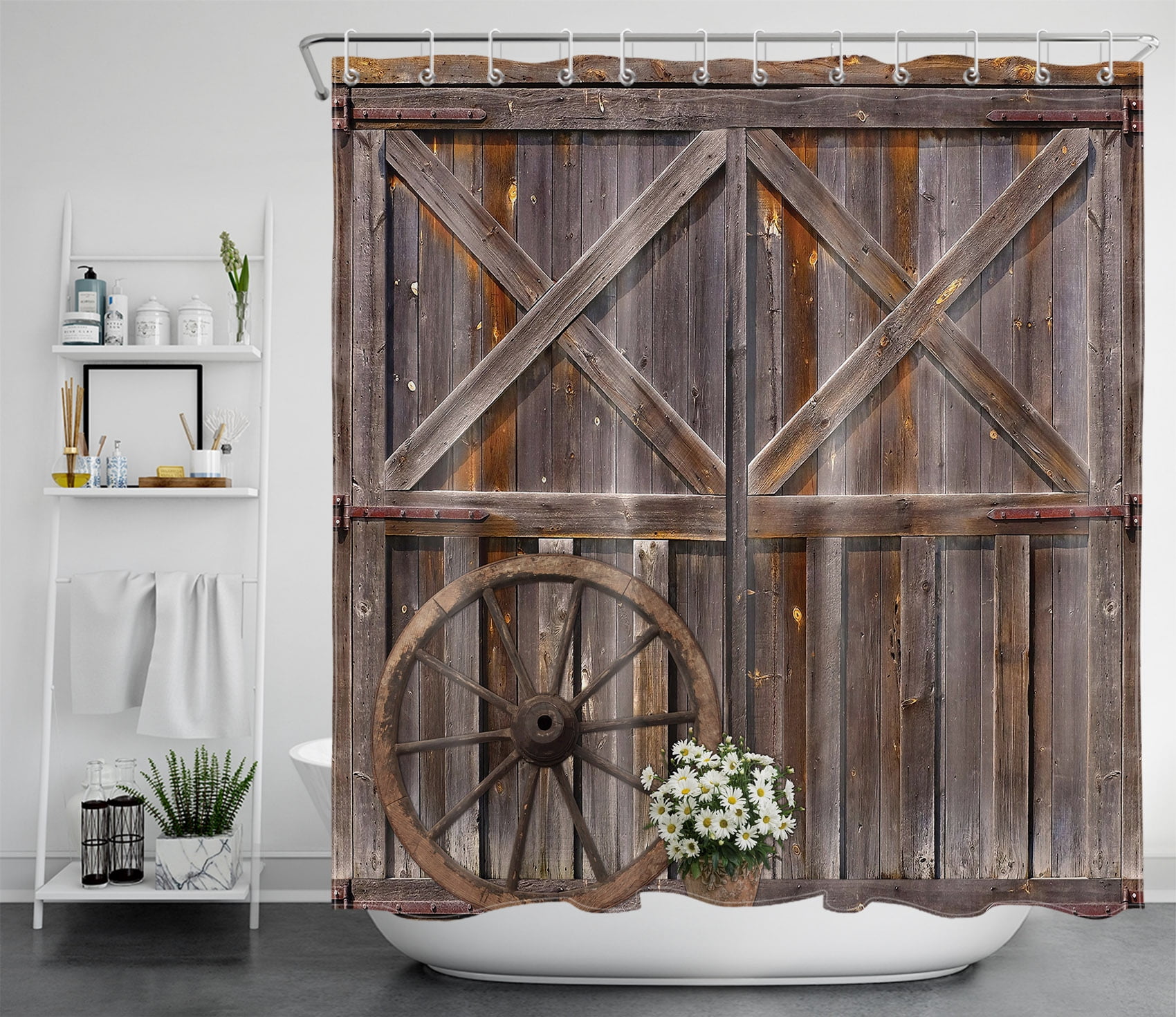 HVEST Western Shower Curtain Rustic Retro Barn Door Shower Curtain for