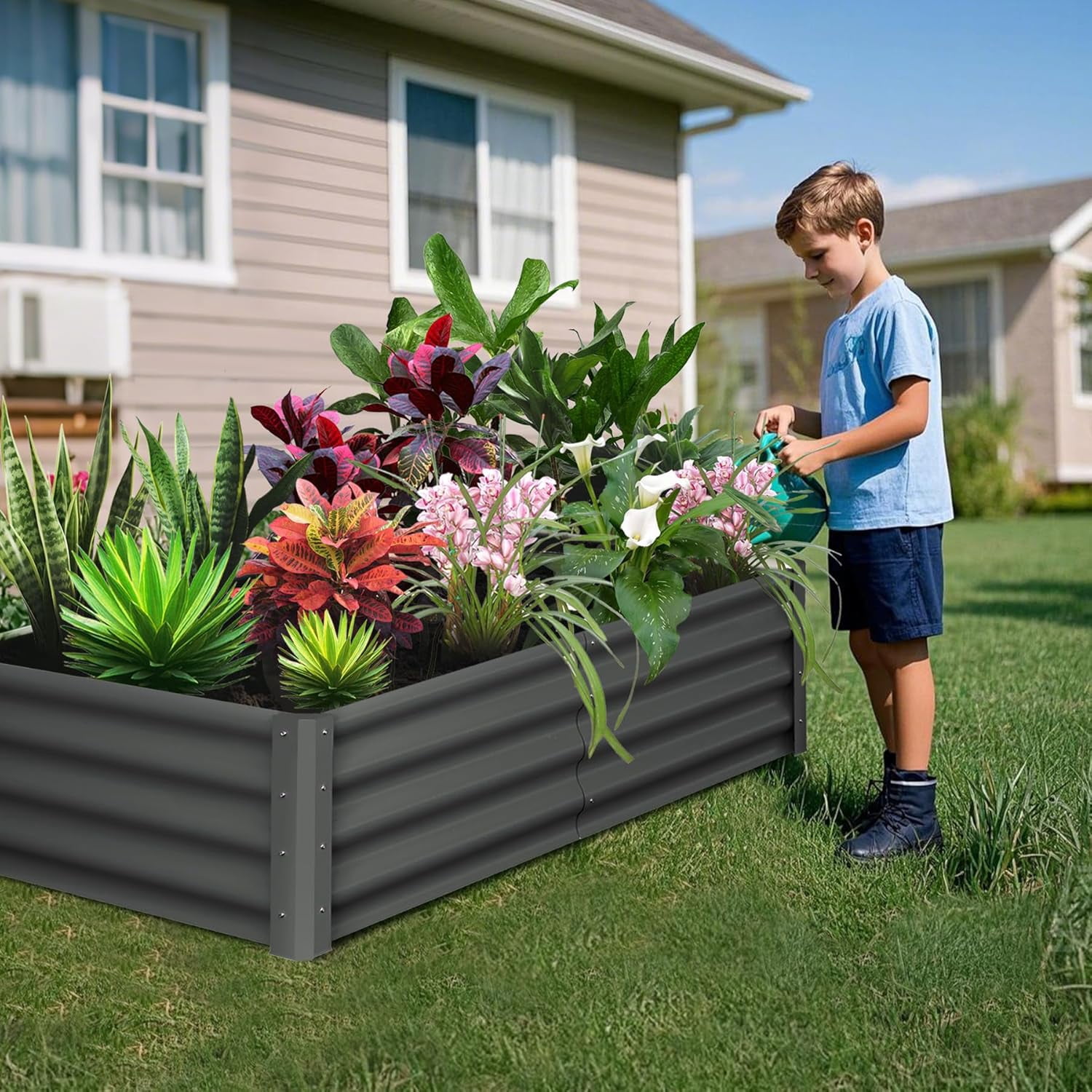 Acekid Raised Garden Bed Set of 2 - 6x3x2FT Galvanized Raised Garden Bed, Large Outdoor Planter, Open Base, Safety Edge, Gardening Glove