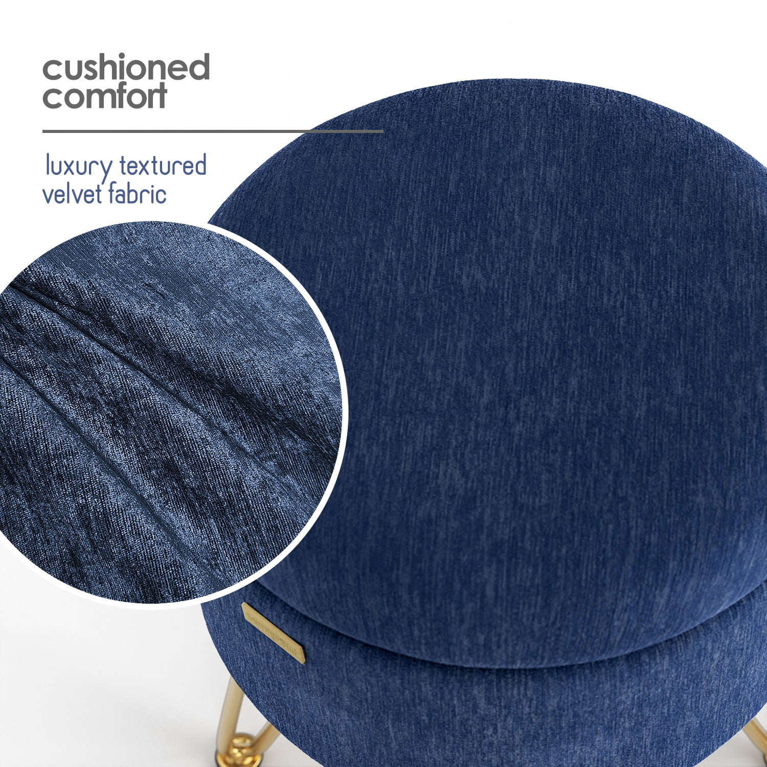Hearth & Harbor Round Ottoman with Storage, Luxurious Foot Stool and Chic Vanity Stool with Storage, Elegant Textured Velvet Blue