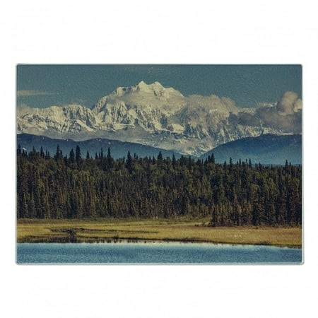 

Alaska Cutting Board Colorful Summer Season in Northwest America Snow White Mountains River Fresh Forest Decorative Tempered Glass Cutting and Serving Board Small Size Multicolor by Ambesonne