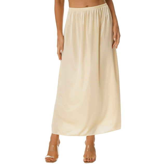 Runhomal Jupon Demi-Long Doux et Lisse pour Femme, Jupon de Dessous Uni, Lingerie, Robe Courte/longue 90 cm Champagne 3TG