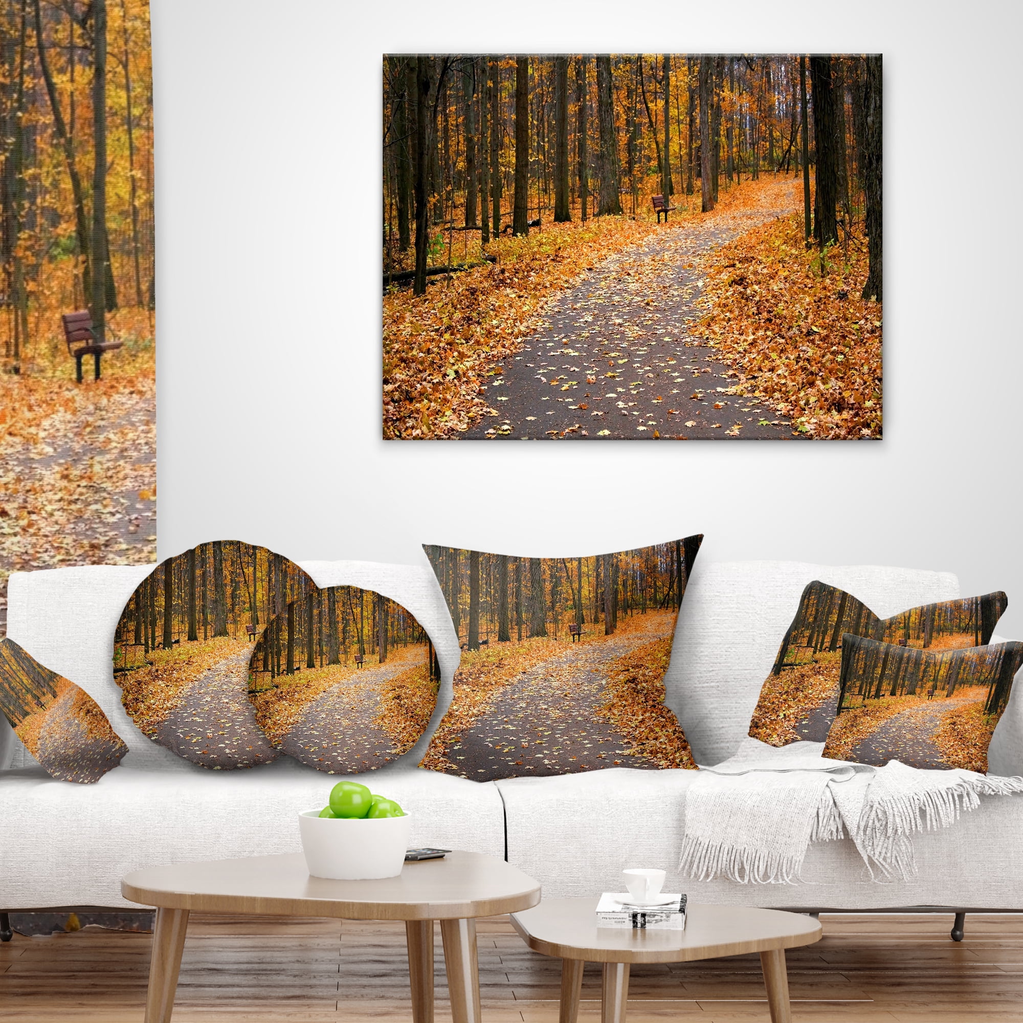 Designart Autumn Walk Way with Fallen Leaves - Modern Forest Throw Pillow - 16x16