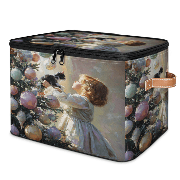 CURLYOOT Holidays Christmas Tree Cat Storage Bins with Lid, Decorative Fabric Closet Boxes with Lids, Foldable Storage Baskets Shelves Container Organizers for Bedroom, Home