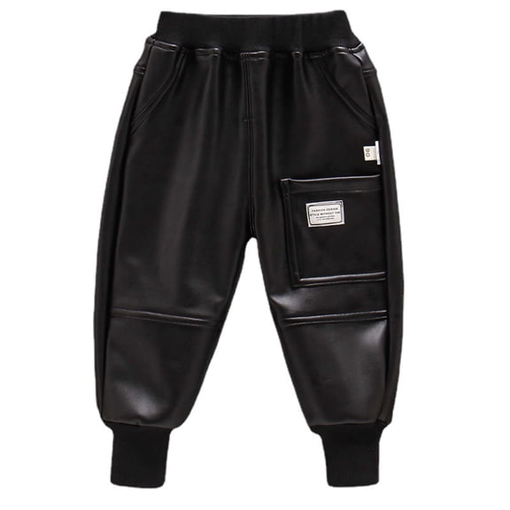 MXIEZI Kids Toddle Boys Winter Warm Pants Baby Thick Fleece Lined Faux Leather Trousers 2-14Y