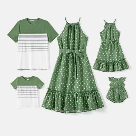 

PatPat Family Matching Green Polka Dots Halter Belted Dresses and Striped Colorblock Short-sleeve Tee