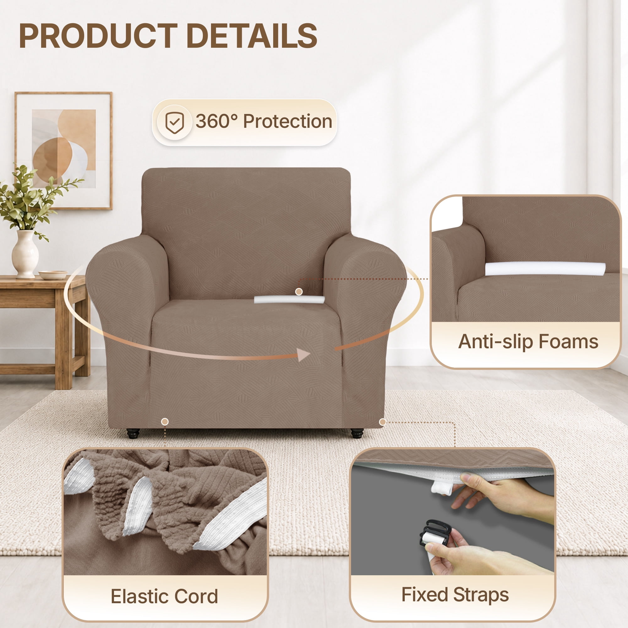 JIATER 1-Piece Armchair Sofa Cover Stretch Couch Cover Washable Sofa Slipcover Furniture Protector for Armchair,Khaki
