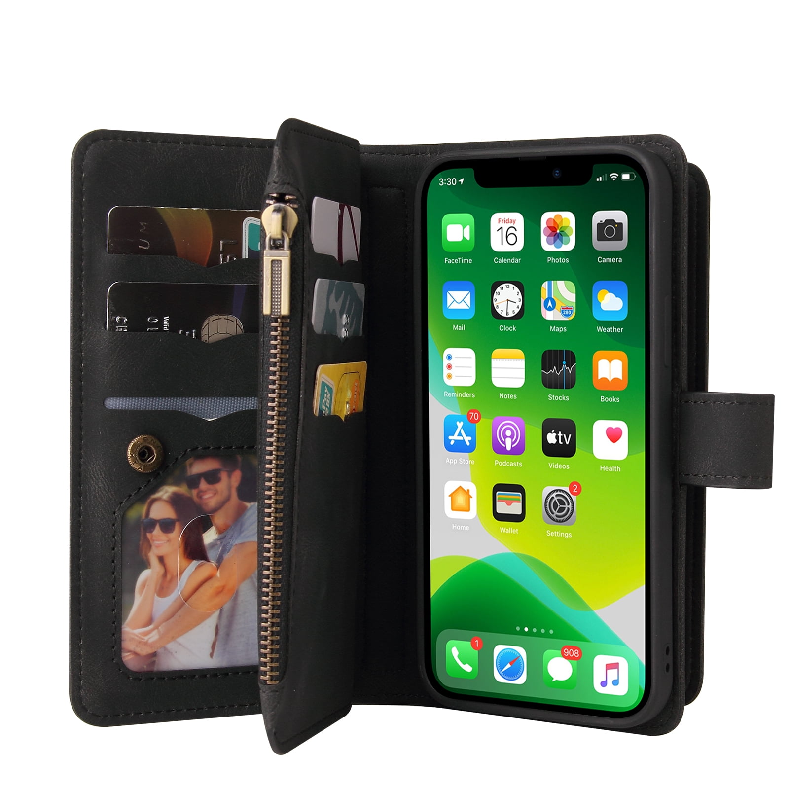 Wallet Case for iPhone 13, Magnetic Zipper Pouch Premium PU Leather with Kickstand Wallet Flip Shockproof Phone Case Wrist Strap Card Slots Holder Pocket iPhone 13,
Black
