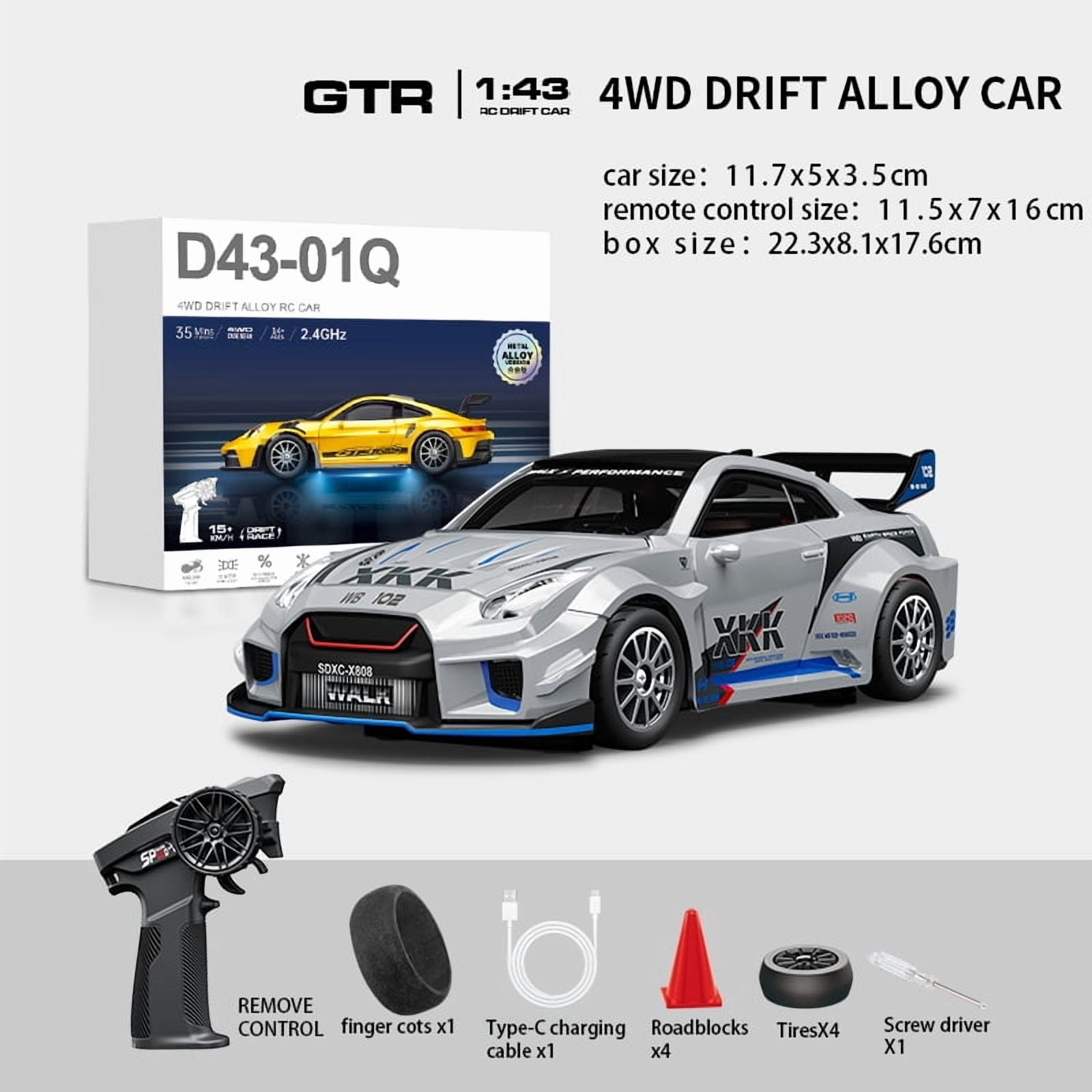 1:43 Scale RC Drift Car D43-02 2.4GHz Full Proportional 4WD Alloy Racing Car with Gyro, 20KM/H High Speed Adjustable Speed with Silent Bearings & LED Lighting