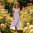 thumbnail image 5 of SGFCWSX Girls Maxi Dress Square Neck Flutter Sleeve Daisy Floral Print High Low Belted Dresses for Kids Purple Size 9, 5 of 7