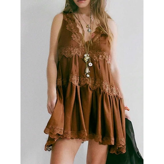Coffee Womens V-Neck Lace Trim Mini Dress Sleeveless A-Line Ruffle Drop Waist Sundress