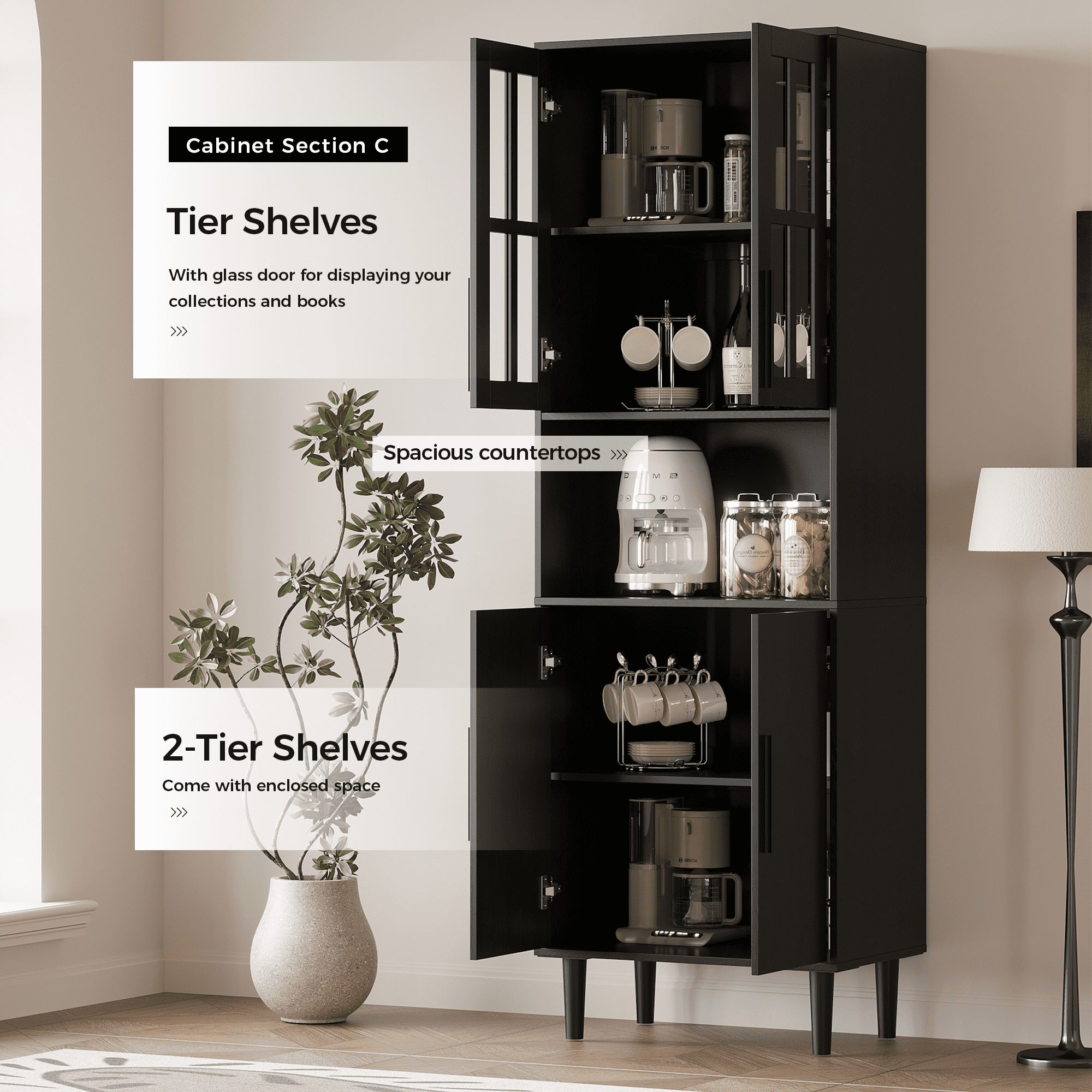 RichYa 71"H Tall Bookcase with Glass Door,4 Doors Display Bookshelf with Metal Legs,5 Tier Storage Cabinets for Living Room,Home Office,Black(C)