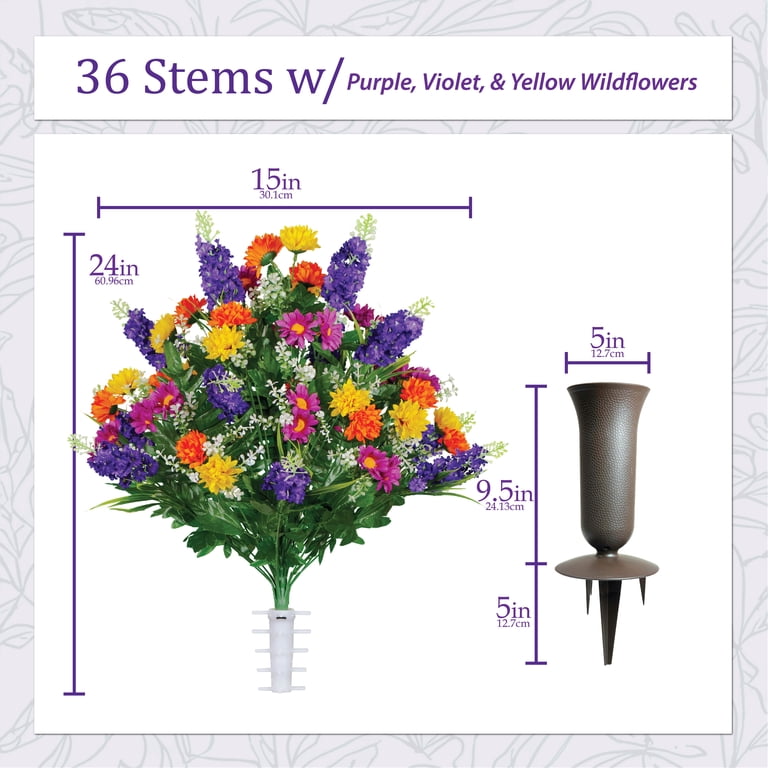 Artificial Cemetery Flowers Bouquet – Purple Roses, Hibiscus & Berries With Vase, UV-Resistant Grave Decoration