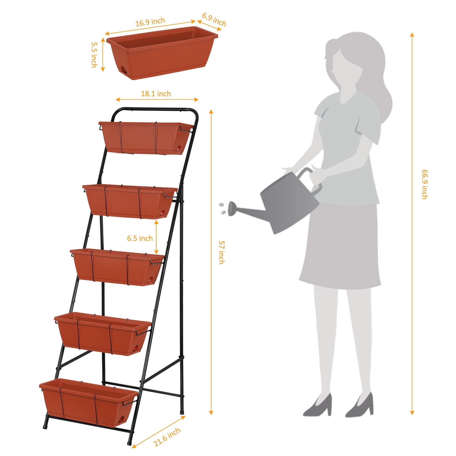 Outdoor 5-Tier Planter Rack with Drainage Holes and Removable Tray Brick Red Metal