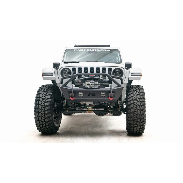 Fab Fours Bumper JL18-B4752-1 Stubby Series; One Piece Design; Direct Fit; Mounting Hardware Included; With Pre-Runner Guard; With External Winch Mount; With Integrated Tow Hooks And D-Ring Mounts