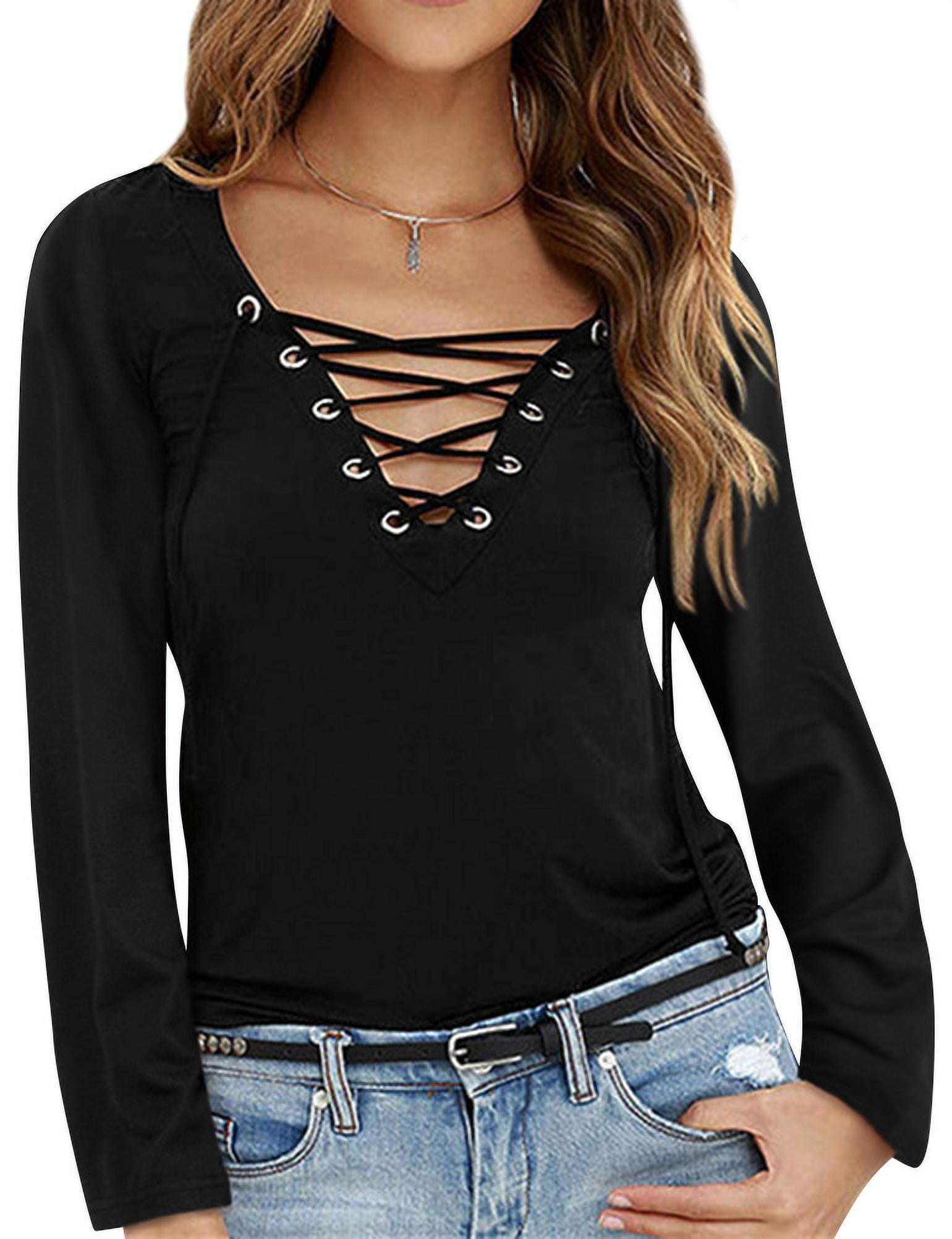 Women Spring Basic Top Casual Long Sleeve Color Block T Shirt Lace Up V-Neck Blouse WYTong Clearance