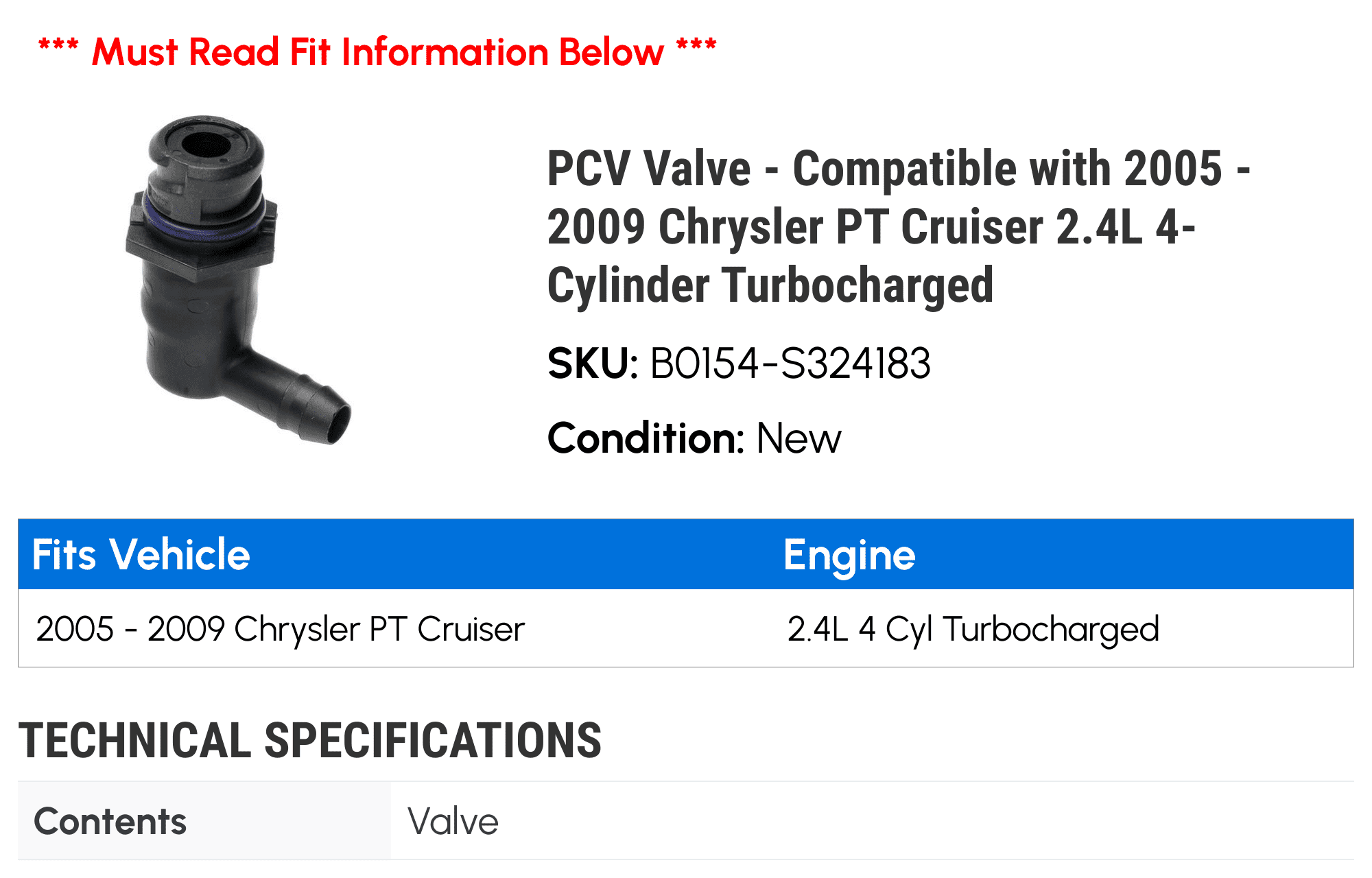 PCV Valve - Compatible with 2005 - 2009 Chrysler PT Cruiser 2.4L 4-Cylinder Turbocharged 2006 2007 2008