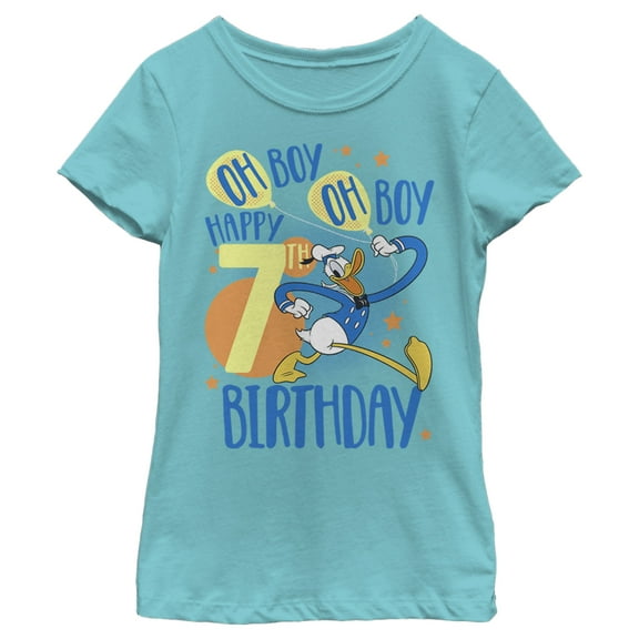 Girl's Mickey & Friends Donald Duck Oh Boy Happy 7th Birthday  Graphic Tee Tahiti Blue Medium