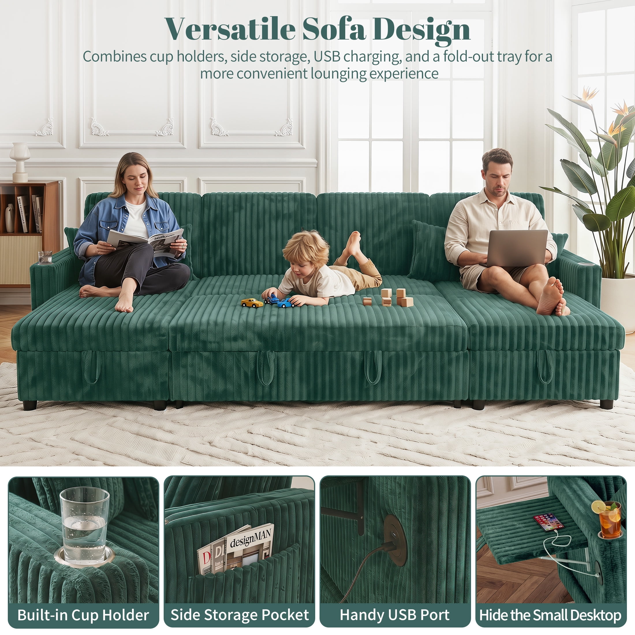 Aenkyo 110" U-Shaped Sleeper Sofa with Pull Out Bed, Storage Chaises and USB, Green