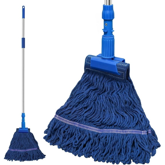 Commercial Mop for Floor Cleaning, Heavy Duty Industrial Mops with 55 inches Long Handle, Looped-End Wet Dry String Mop for Hardwood Tile Concrete Home Kitchen Office Garage (Blue)