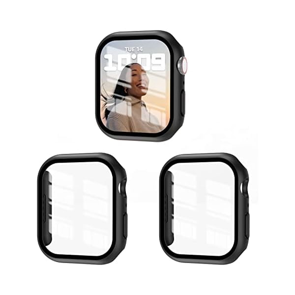wonima44 3 Pack Case Compatible with Apple Watch Series 9/8/7 41mm with Tempered Glass Screen Protector, Hard PC Full Coverage Ultra-Thin HD Bumper Protective Cover for iWatch 41mm, Black/Black/Black