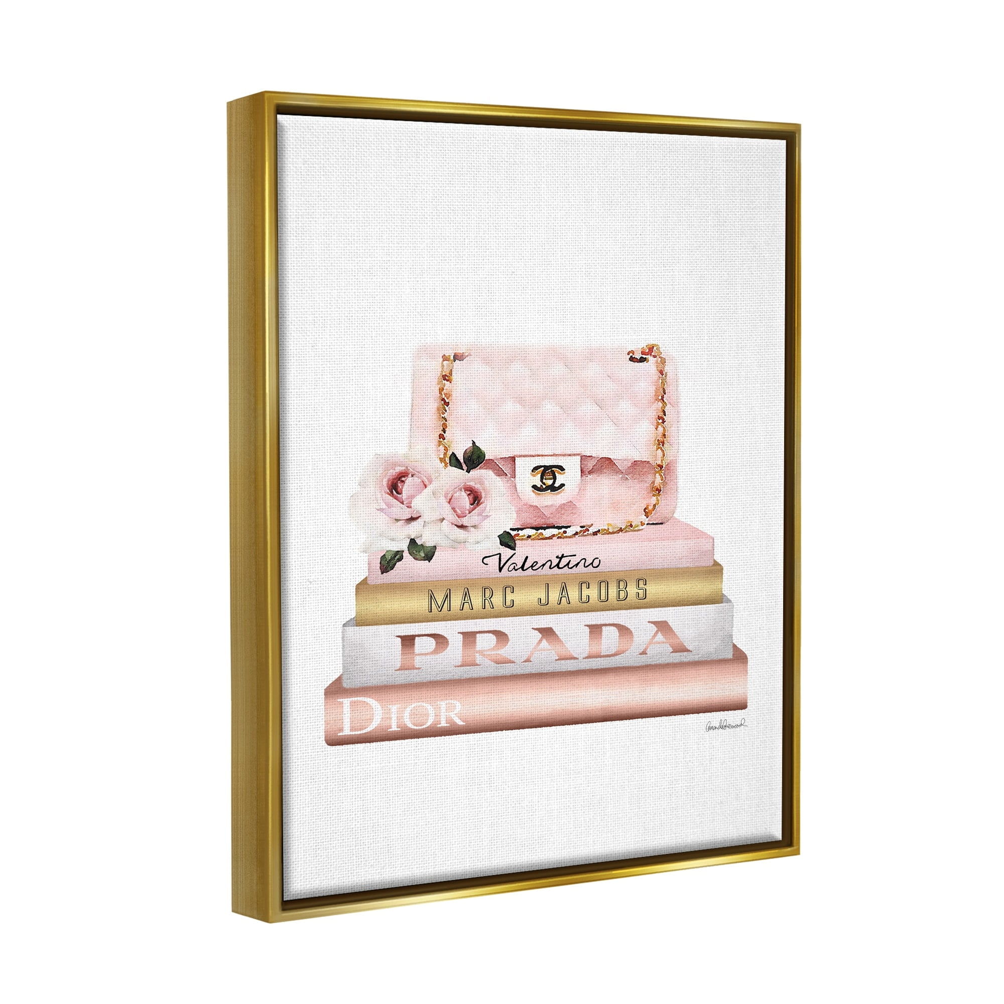 Stupell Industries Pink Purse Gold Bookstack Glam Fashion Watercolor Design Luster Gray Framed Floating Canvas Wall Art, 24x30, by Amanda Greenwood