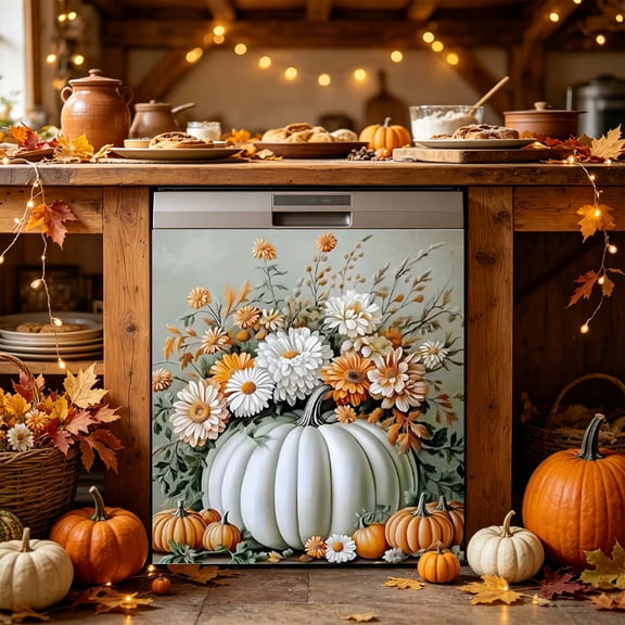 Fall Dishwasher Magnet Cover 23.03x25.59 In Happy Fall Yall Dishwasher Cover for Washers Fridge Panel,Thanksgiving Magnetic Covers for Kitchen,Fall Leaves Kitchen Decor(White)